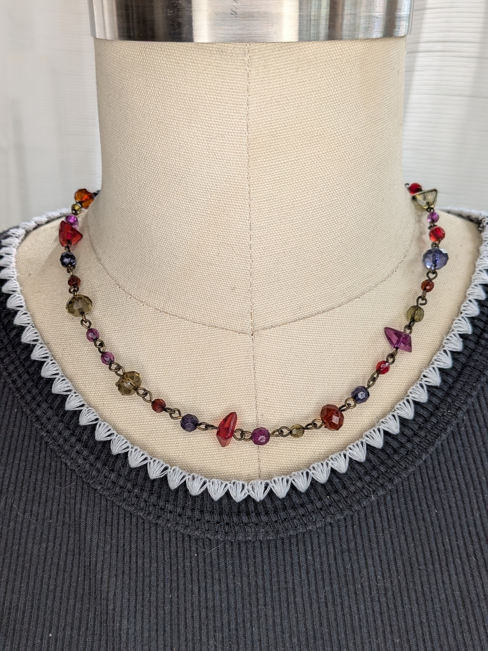 Vintage Antique Brass Multicolor Jewel Tone Glass Bead Wire Link Choker 16"